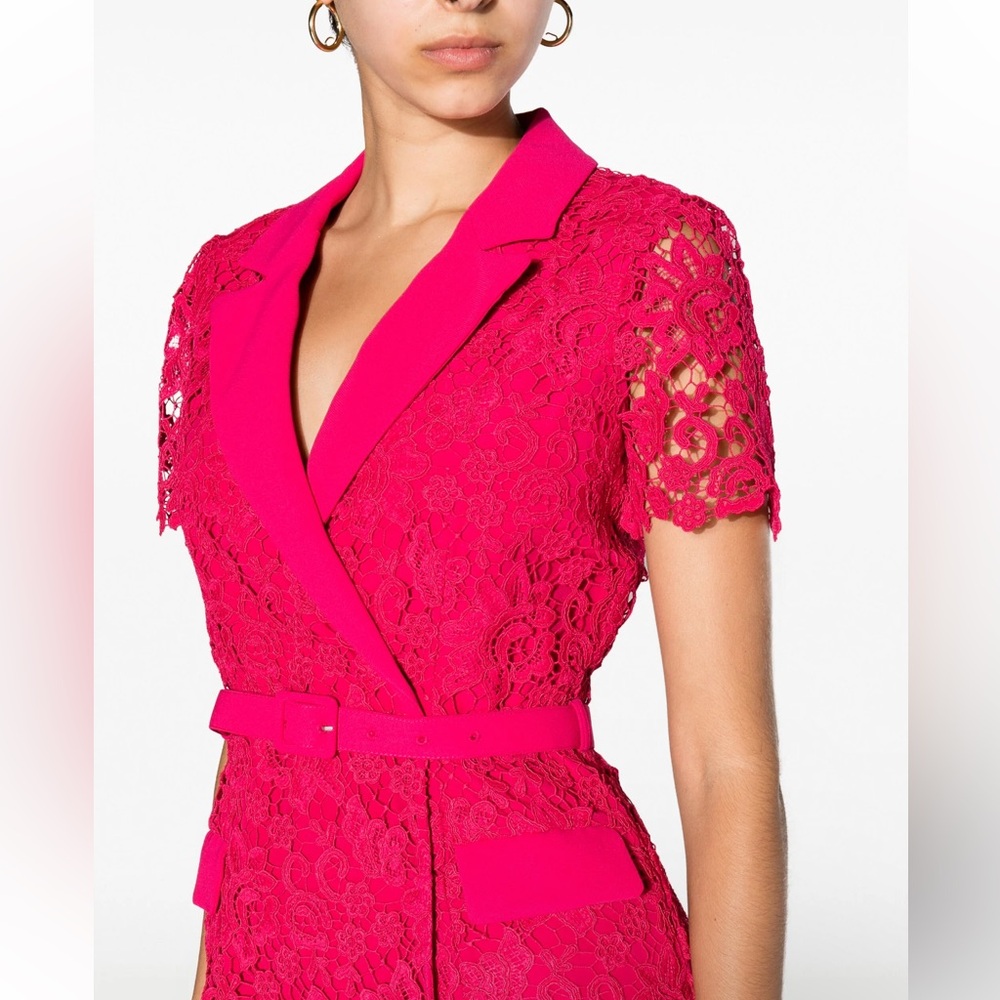Self Portrait Magenta Midi Lace Belted Dress